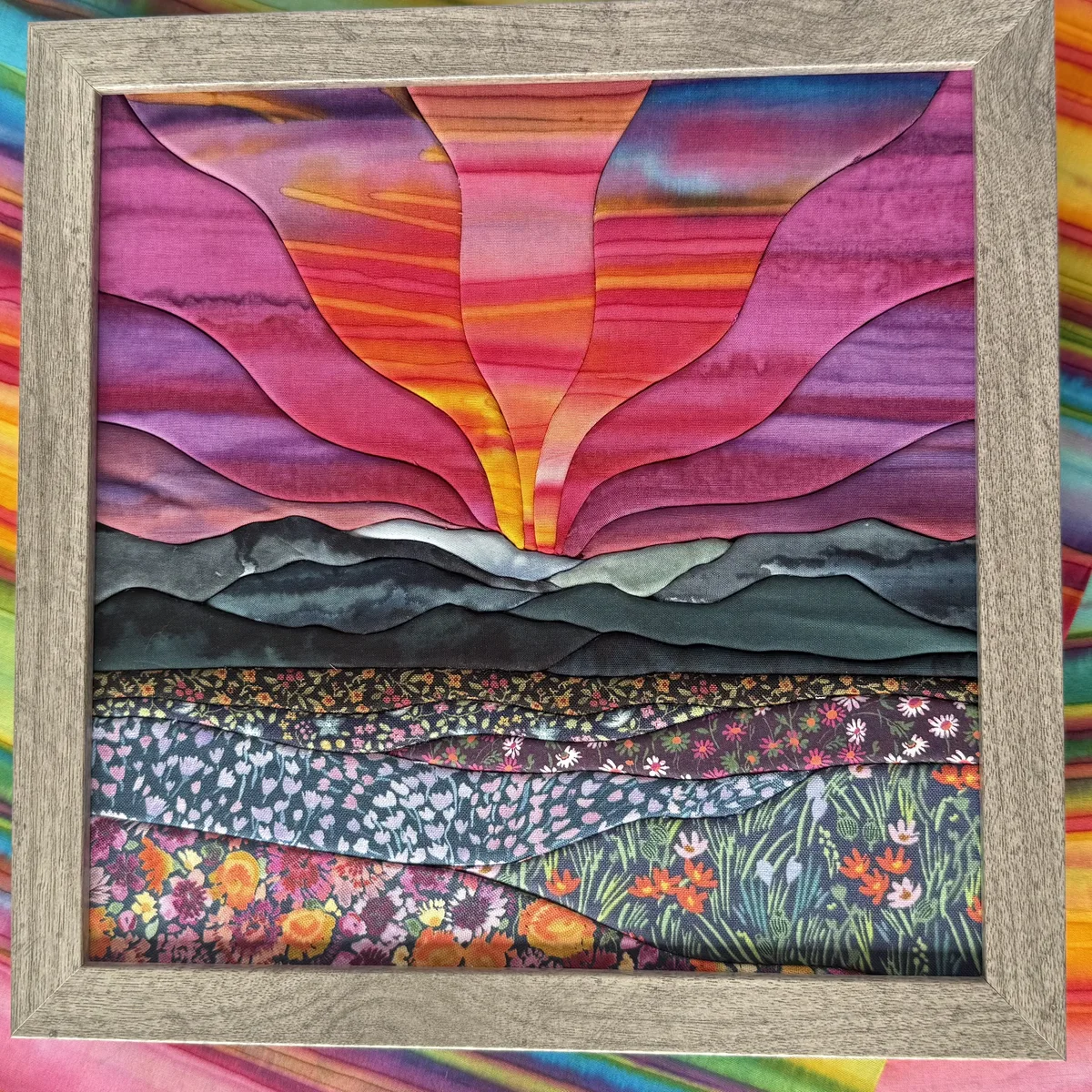 Finished kinusaiga fabric landscape: Sunrise Over the Cascades by Hannah Austin